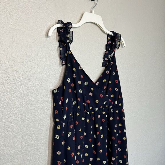 Madewell Babydoll Dress 10 Floral Navy Mini Ruffle Surplice Sleeveless Coquette - Picture 3 of 9